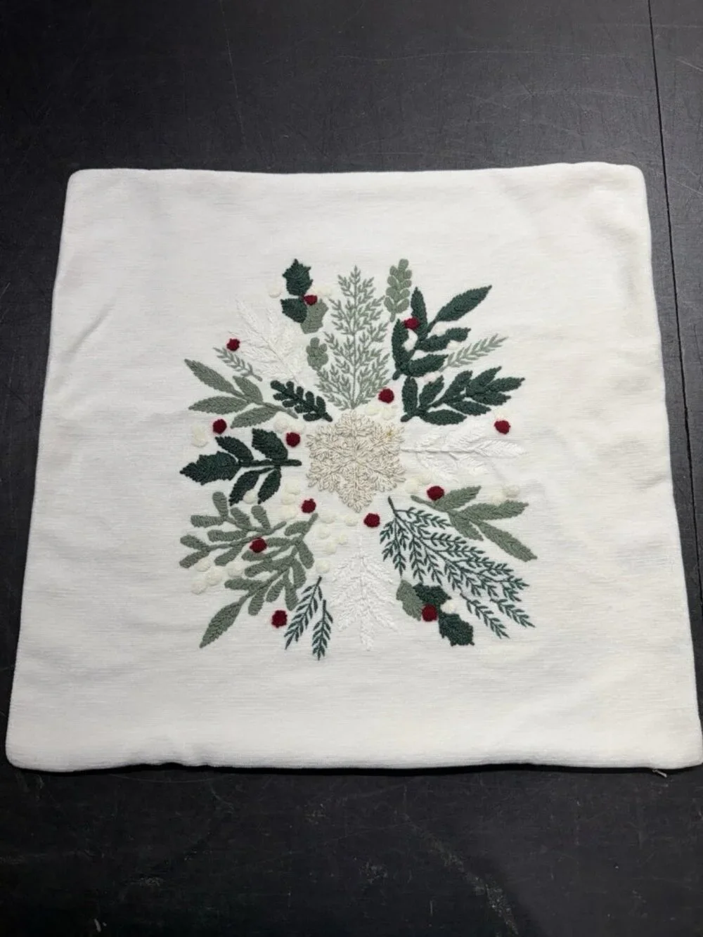 Pottery Barn 22” Embroidered Chenille Christmas Pillow Cover Holly Snowflake